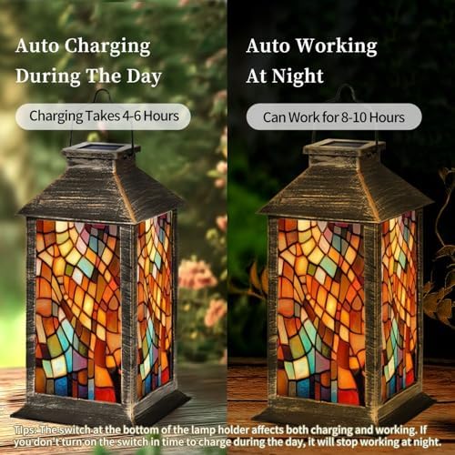 Solar Lantern Illusion Stained Glass Outdoor Garden Hanging Lantern Waterproof Solar Powered Lighting Outside Table Lamp for Patio Deck Yard Camping Beach House Decor, 1 Pack - Image 4