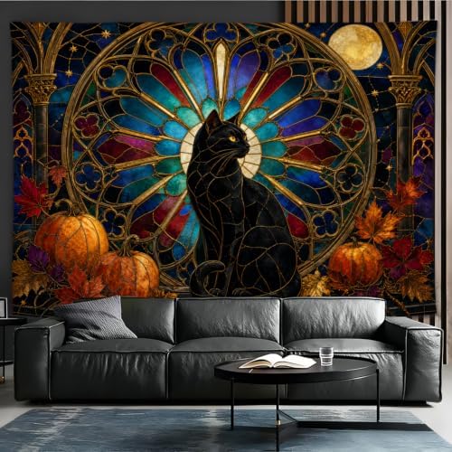 Halloween Black Cat Tapestry, Pumpkin Stained Glass Fall Decor 70x90inch by Unknown