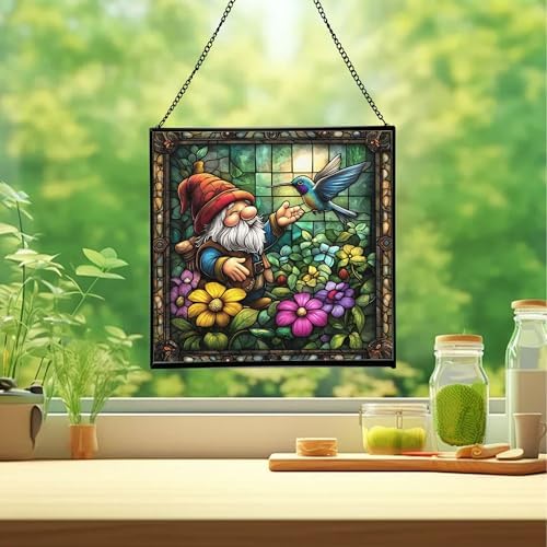 Gnome and Hummingbird Stained Glass Suncatcher – Square Hanging Window Panel for Home or Greenhouse – Whimsical Glass Art Gift for Garden Lovers, Christmas, Halloween, Father Days 78NtZp - Image 2