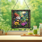 Gnome and Hummingbird Stained Glass Suncatcher – Square Hanging Window Panel for Home or Greenhouse – Whimsical Glass Art Gift for Garden Lovers, Christmas, Halloween, Father Days 78NtZp - Image 2