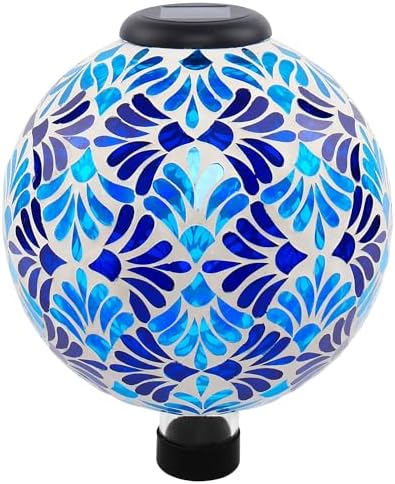 SAVENNA Mosaic Solar Gazing Ball 10 Inch, Glass Garden Globe with Auto On/Off for Yard, Lawn & Outdoor Decor, Blue Mosaic by SAVENNA