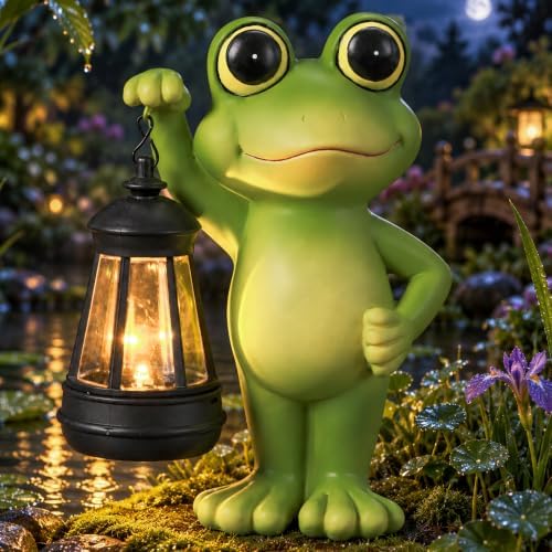 Solar Frog Garden Statues Outdoor Decor, IDEA SHOW Resin Frog Figurine Decorations with Handheld Lanterns, Cute frog Sculpture for Patio, Balcony, Yard, Lawn, Perfect Garden Gift for Women Mom Grandma by IDEASHOW