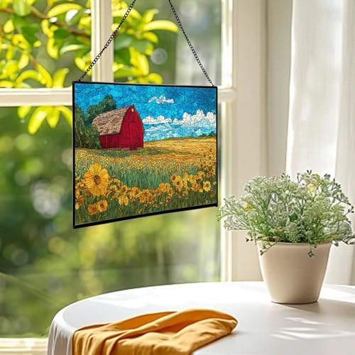 Barn Surrounded by Summer Wildflowers Rectangular Stained Glass Suncatcher – Hanging Window Panel with Animal & Nature Scene – Vibrant Glass Art Gift for Wildlife, Fantasy, Nature Lovers UGt1vK - Image 2