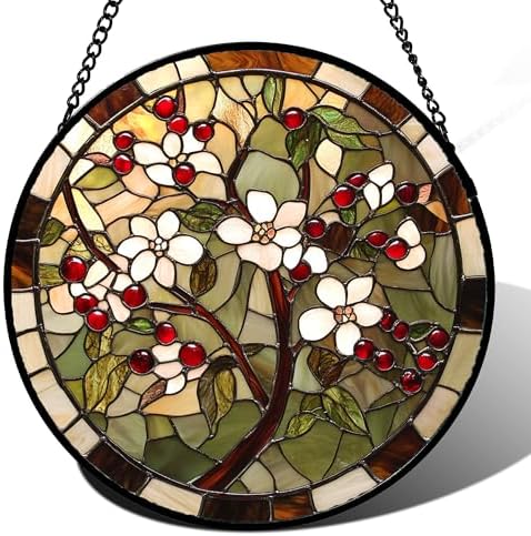 White Flowers Red Berries Stained Glass Window Hanging Suncatcher Gift 9.8" by Follow