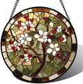 White Flowers Red Berries Stained Glass Window Hanging Suncatcher Gift 12" by Follow