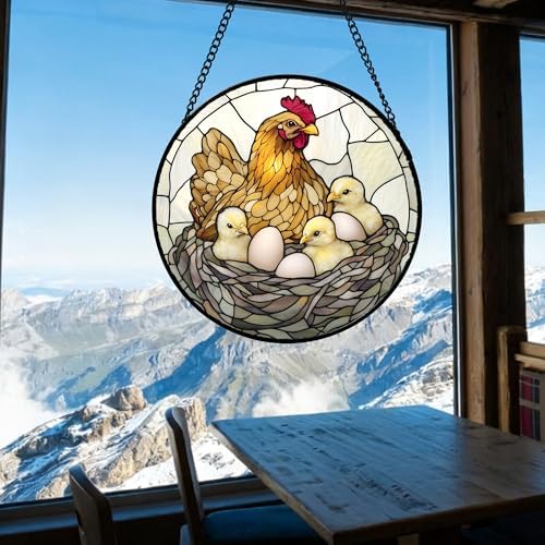 CHATYOUNG Stained Glass Window Hanging Hen Chicken Clocking 9.8" - Animal Suncatcher Door Garden Home Decor and Christmas Mother's Day Birthday Gift for Grandma Nana Women Mom Wife Farmer - Image 5