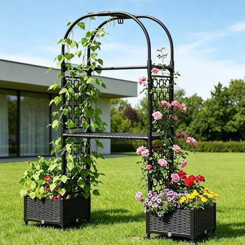 71"x16"x32" Planter Box with Trellis, 3-in-1 Self-Watering Planter Box with Wheels for Patio,Raised Garden Bed with Trellis, Drainage Holes & Metal Storage Rack for Vine Climbing Plants by MQHUAYU