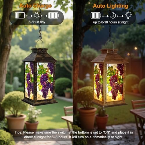 Solar Lantern Outdoor Garden Hanging Lantern Stained Glass Grape Vine Purple Grapes Green Leaves Grapevine Waterproof Solar Powered Lighting Outside Table Lamp for Patio Deck Yard Camping - Image 4