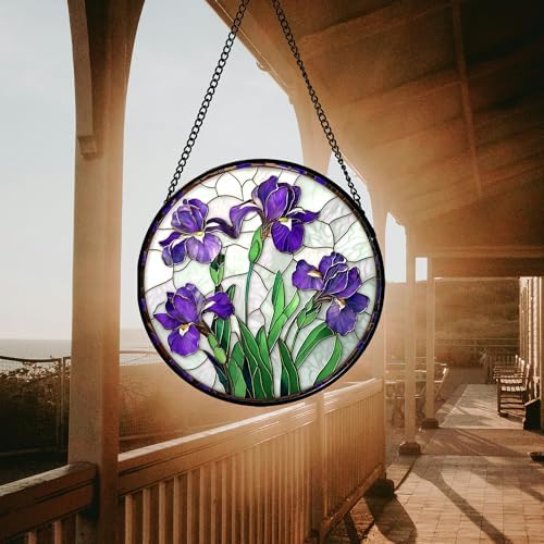 Stained Glass Window Hanging - Purple Iris Flower Sun Catcher for Door Terrace Garden Home Decor, Green Plants Suncatcher Birthday Gifts for Lovers Women Men Dad Mom Nana 9.8 in - Image 3