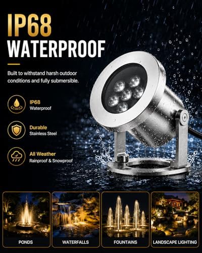 LED Pond Lights with Dual Remote Control, 6W SS316 Stainless Steel RGB Underwater Fountain Light, IP68 Waterproof Submersible LED Lights for Pond Waterfall, Koi Fish Pond (2 Pack) - Image 3