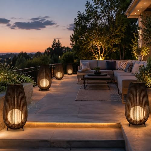 Outdoor Rattan Floor Lamp,Coffee Wicker Lampshade,for Patio and Garden - Image 7
