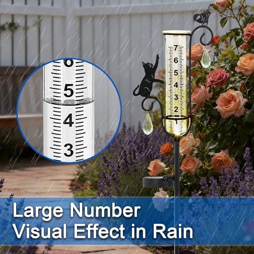 33in Solar Cat Bird Rain Gauge Metal Garden Stake Black Sculpture Decor - Image 6