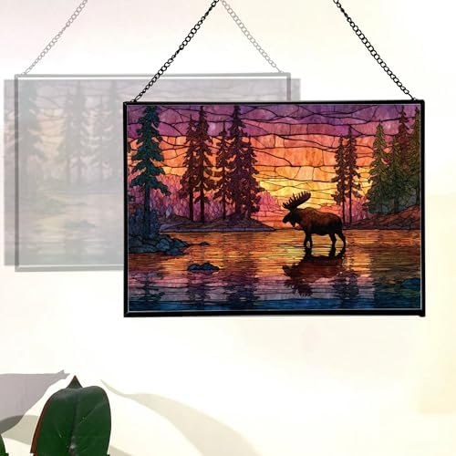 Moose Wading Through Shimmering Lake Rectangular Stained Glass Suncatcher – Hanging Window Panel with Animal & Nature Scene – Vibrant Glass Art Gift for Wildlife, Fantasy, Nature Lovers Id2VhA - Image 3