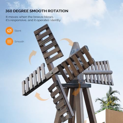 Wooden Windmill, Weather-Proof Wind Spinner, Outdoor Wind Mill for Garden Lawn Patio Decoration (Carbonized, Medium) - Image 4