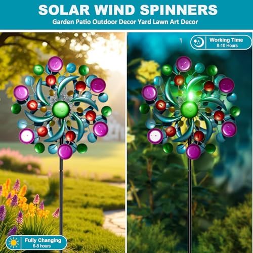 Colorful Solar Wind Spinner Outdoor Metal - 61" Geometric Kinetic Wind Catcher with Crackle Glass LED Light, IP65 Waterproof Yard Art Garden Decor for Patio Lawn Pathway, Unique Gifts for Women/Mom - Image 3