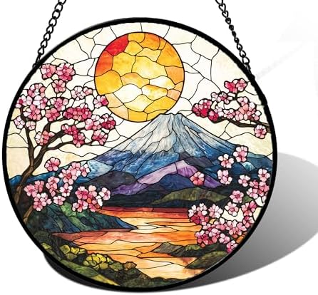 Mount Fuji Cherry Blossom Stained Glass Window Hanging Suncatcher Gift 12" by DASTOLL