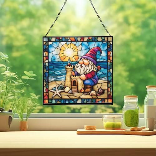 Beach Day Gnome Stained Glass Suncatcher – Square Hanging Window Panel for Home or Greenhouse – Whimsical Glass Art Gift for Garden Lovers, Christmas, Halloween, Father Days 0y3Ubp - Image 2