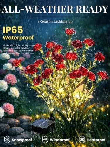 GIGALUMI 4 Pack Solar 28 Carnations Flowers Outdoor, 2 Modes, Red - Image 3