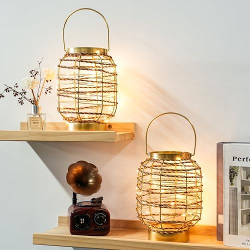 Set of 2 Battery Operated Table Lamp 7.7 "H Metal Cage LED Cordless Lamp with 6-Hour Timer, Vintage Decorative Fairy Lights Lantern for Indoor/Outdoor Bedrooms Weddings Parties Patio Events by Unknown