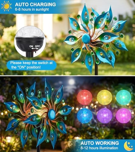 Solar Wind Spinners Outdoor, Peacock Garden Decor, Metal Yard Art - Image 3