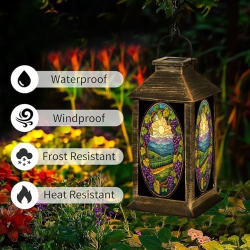 Solar Lantern Stained Glass Window Grapevines Purple Grapes Scenic Vineyard Outdoor Waterproof Garden Hanging Lantern Solar Powered Lighting Outside Table Lamp for Patio Deck Camping 1 Pack - Image 2