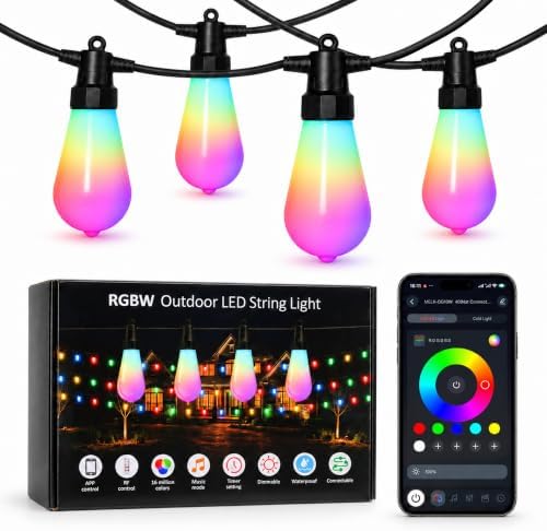 Smart Outdoor String Lights, 50FT RGBW Color Changing Patio Lights with Remote and APP, Dimmable IP65 Waterproof Shatterproof LED Lights for Backyard Garden Party Decor by VoxCynHue