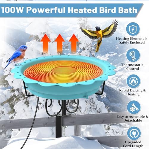 100W Heated Bird Baths for Outdoors, Heated Birdbath Outside Winter, Blue - Image 2