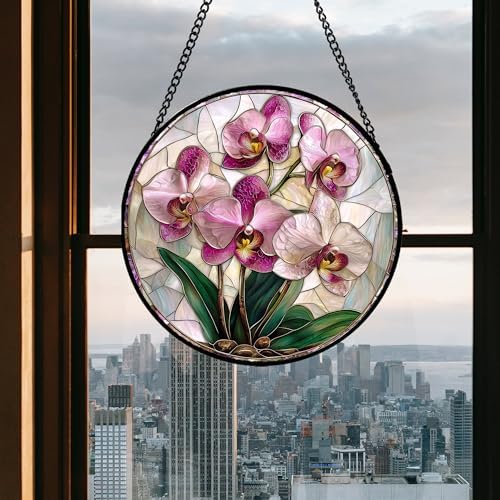Pink Orchid Stained Glass Window Hanging Suncatcher Gifts for Women 15" - Image 4
