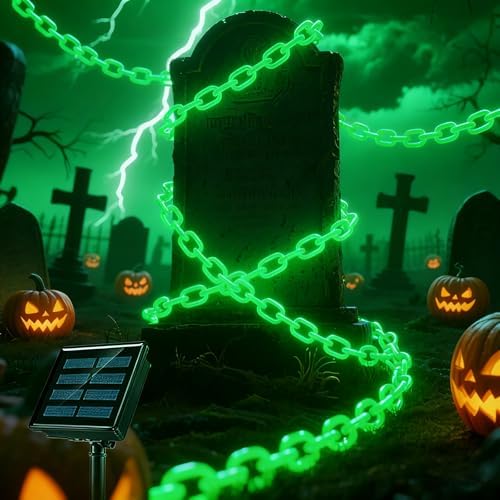 Ohwewant Solar Halloween Decorations Outdoor, 10FT Green Chain String Lights with 8 Modes, Waterproof Halloween Lights Outdoor for Haunted House Party Cosplay Props Skeleton Dog Yard Fence by Ohwewant