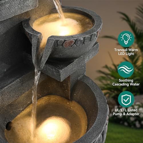 4-Tier Outdoor Water Fountain Outdoor with Pebbles and Warm LED Lights - Image 6