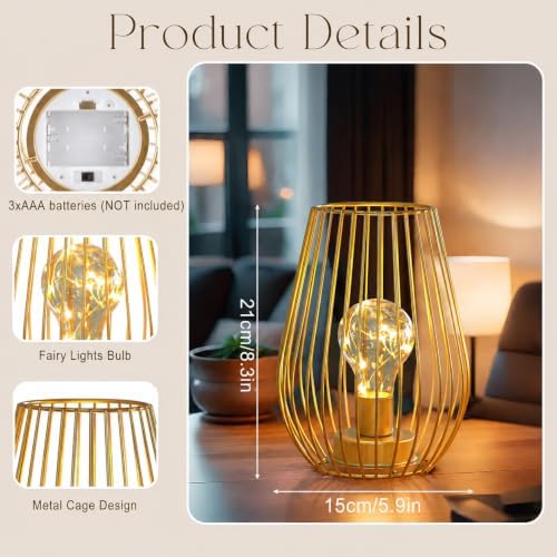 TRIROCKS Metal Cordless Table Lamp - 8'' Tall Set of 2 Cage Shape Battery Operated Lamp with Fairy Lights Bulb for Indoor/Outdoor Use Perfect for Christmas Garden and Weddings (Gold,Set of 2) - Image 3