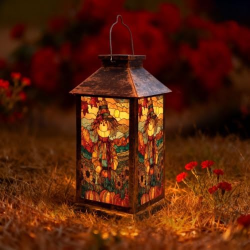 Fall Solar Lantern Autumn Harvest Stained Glass Suncatcher Scarecrow Sunflowers Waterproof Outdoor Hanging Lantern, Solar Powered Garden Light for Patio Yard Camping, Halloween Gift by Unknown
