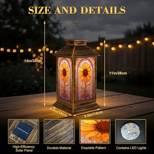 Stained Glass Style Solar Lantern Outdoor Garden Hanging Lantern Vintage Floral Stained Glass Window Design Yellow Orange Waterproof Solar Powered Lighting Outside Table Lamp for Patio Deck Yard - Image 2