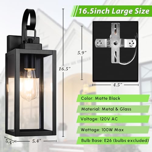 BesLowe 16.5" Large Outdoor Wall Light Fixture, Modern Porch Sconce, Black - Image 5