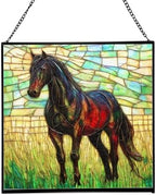 Black Hanoverian Horse Standing in Golden Pasture Light Square Suncatcher – Stained Glass Style Window Panel with Pastoral Scene, Custom Decorative Hanging Art for Equestrian Home, Christmas dsPHQT by Custom