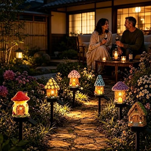 Solar Fairy-Tale Mushroom Cottage Garden Light, Whimsical Resin Fairy House Stake, Waterproof Warm Led Pathway Decor, Solar Powered Outdoor Landscape Lighting For Patio, Yard & Lawn (6PC-MIX) by DENGWANG