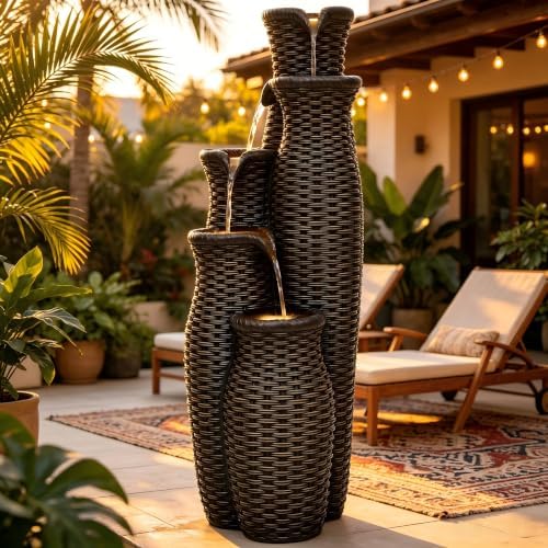 33" Faux Rattan Vase Water Fountain Outdoor with Warm LED Lights, Brown - Image 2