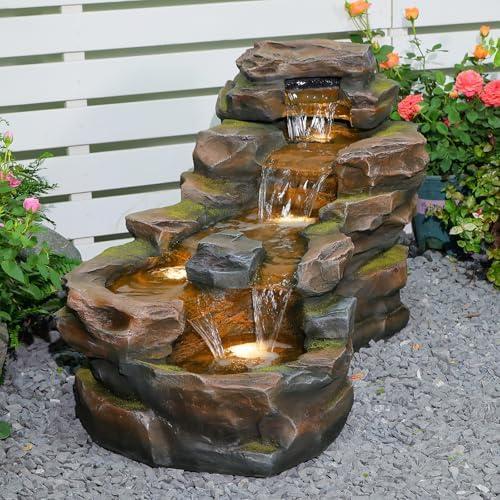 Sunlinua Water Fountain Outdoor Floor Standing 5-Tiers Rock Natural Waterfall Outdoor Garden Fountains with LED Lights for Patio, Porch, Home Art Decor by Sunlinua