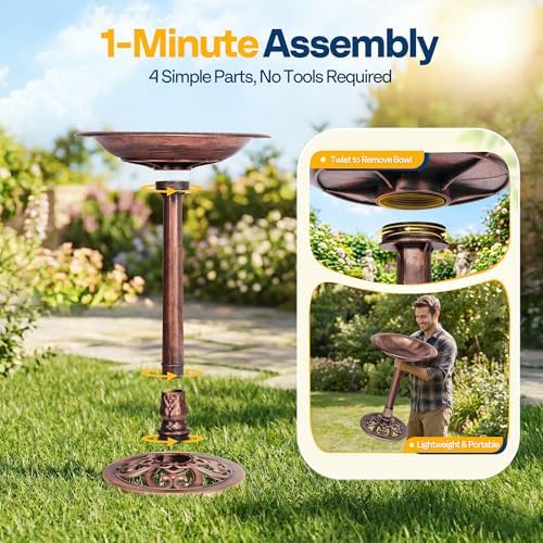 VIVOHOME Bird Bath for Outside, Polyresin, Pedestal, Antique Bronze - Image 6