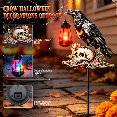 Halloween Decorations Outdoor, Crow Skull with Color Changing Solar Lantern - Image 3