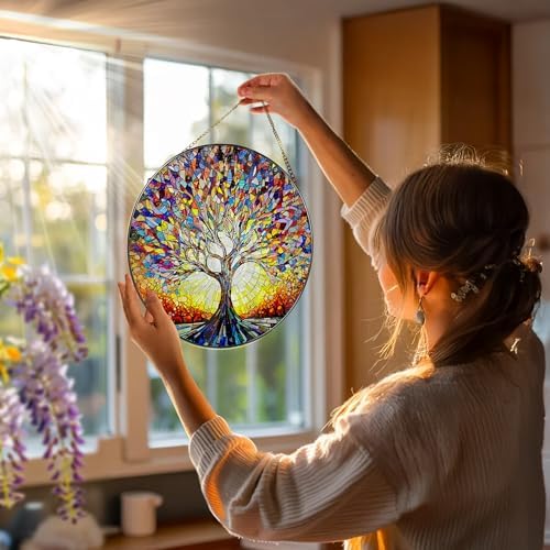 Stained Glass Window Hanging, 8 in Tree of Life Sun Catchers Indoor Window, Stained Glass Suncatcher, Gifts for Women, Her, Wife, Friend and Mom for Mother's Day, Christmas, Birthday - Image 2