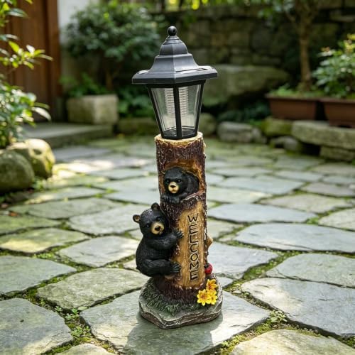 Solar Bear Garden Statue with Welcome Sign, 19" Resin Bear Family in Tree Trunk, Outdoor Solar Light Wildlife Lawn Ornament for Yard, Patio, Porch, Cabin & Front Door Decor - Image 4