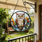 Owl Colorful Leaves Birds Stained Glass Window Hanging Suncatcher Gift 9.8" - Image 6
