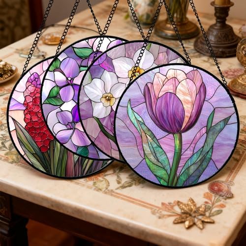 DASTOLL Stained Glass Window Hanging 4 Pcs Set Purple Flower Theme Large 15" - Tulip Suncatcher Door Garden Sun Catcher Decor Birthday Christmas for Plant Lovers Woman Nana Men - Image 2