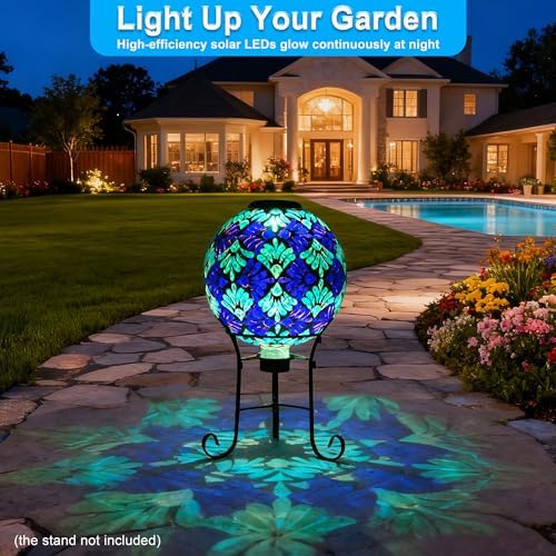 SAVENNA Mosaic Solar Gazing Ball 10 Inch, Glass Garden Globe with Auto On/Off for Yard, Lawn & Outdoor Decor, Blue Mosaic - Image 5