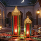TRIROCKS Set of 2 Moroccan Candle Lanterns 22.5''&15'' H Decorative Candle Holder Hanging Lanterns with Embossed Colored Tempered Glass Ramadan Decorations for Home Outdoor Indoor Patio Weddings(Gold) - Image 2