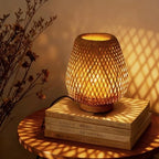 Boho Rattan Small Table Lamp with Double Layer Bamboo Woven Shade by URLIGHTS