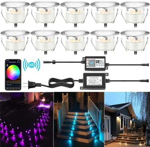Smart LED Deck Lights Kit WiFi Controlled Color Changeable,Φ1.38“Outdoor IP67 Waterproof Low Voltage Step Lights In-Ground Lighting,Works with Samrt Phone,Alexa, Google Home(Silver Border,10pack) by QACALEDOutdoorRecessedDeckLightingKits