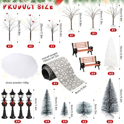 Hotop 28 Pcs Mini Artificial Christmas Village Tree Set Snow Christmas Pine Bare Branch Trees Xmas Street Lamp Post Miniature Park Bench Seat Cobblestone Street for Decoration(Delicate) - Image 2