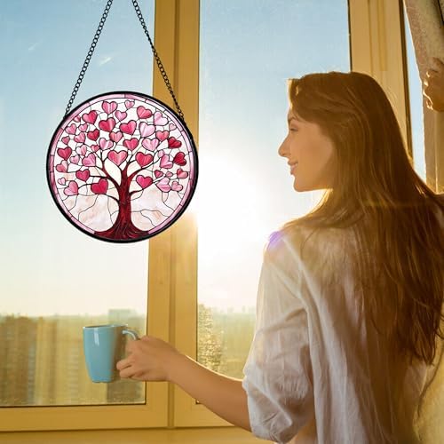 Pink Heart Tree Stained Glass Window Hanging Suncatcher Gifts Decor 9.8" - Image 2